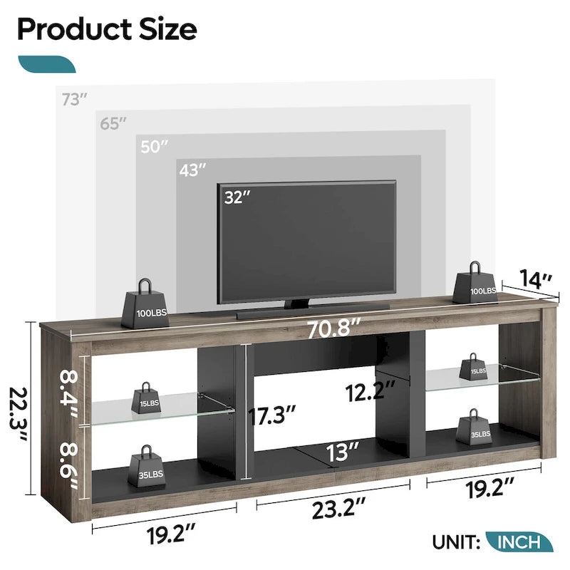 Supporto per TV LED da 70" per TV fino a 75", Ripiani in Vetro Temperato, Mobile Aperto, Luci LED RGB, 290 LBS