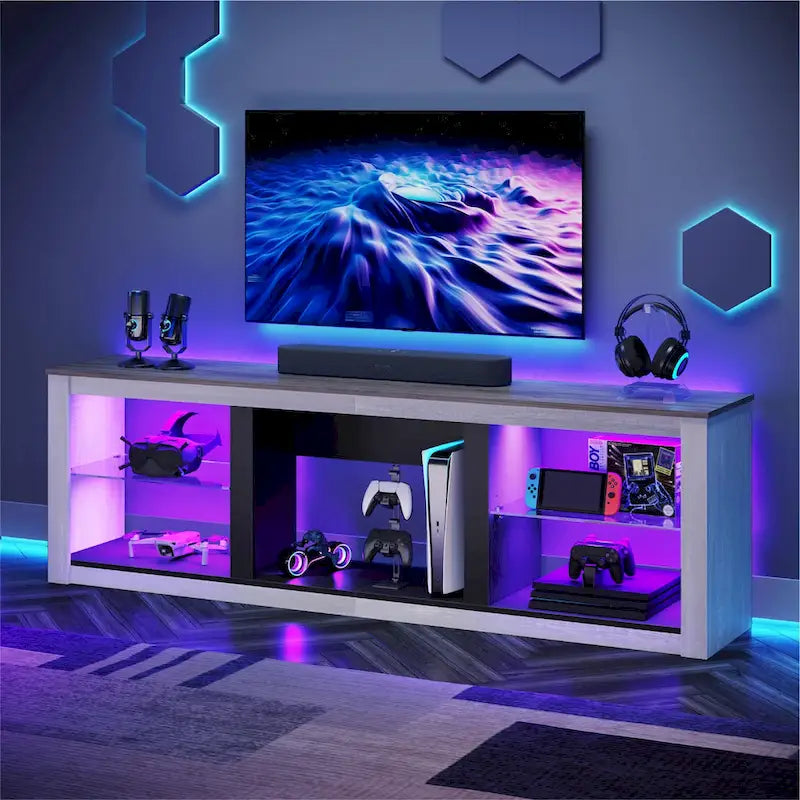 Supporto per TV LED da 70" per TV fino a 75", Ripiani in Vetro Temperato, Mobile Aperto, Luci LED RGB, 290 LBS