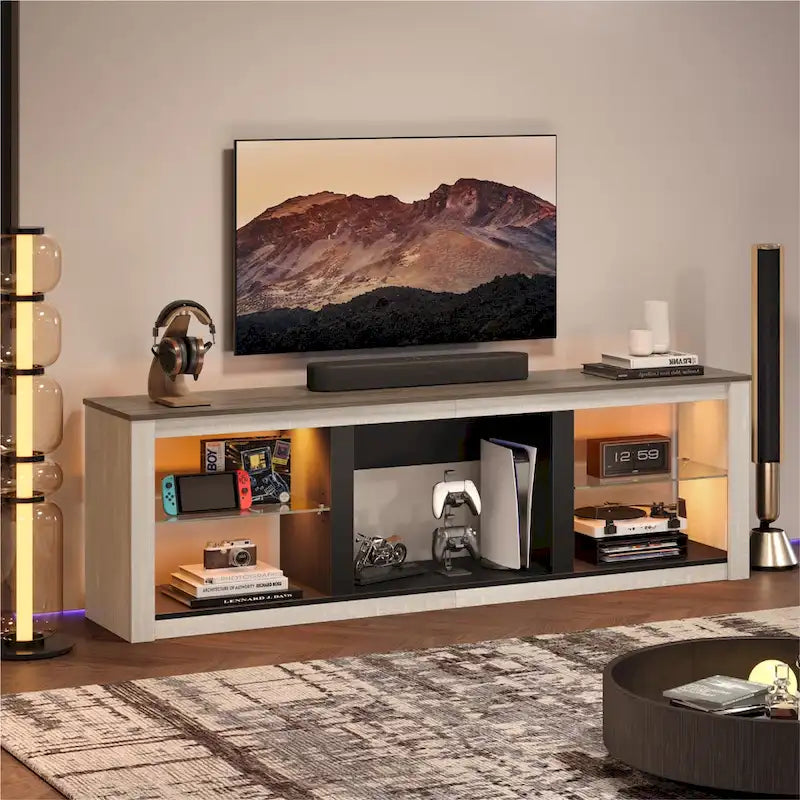 Supporto per TV LED da 70" per TV fino a 75", Ripiani in Vetro Temperato, Mobile Aperto, Luci LED RGB, 290 LBS