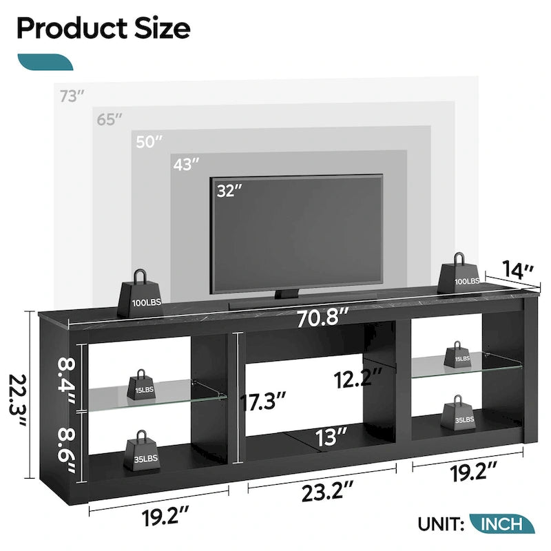 Supporto per TV LED da 70" per TV fino a 75", Ripiani in Vetro Temperato, Mobile Aperto, Luci LED RGB, 290 LBS