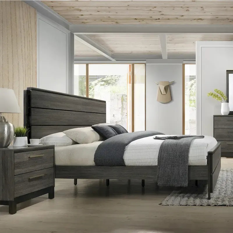Set camera da letto 5 pezzi Queen Size, finitura in legno grigio antico, letto, cassettiera, specchio, comodino e cassettone