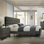 Set camera da letto 5 pezzi Queen Size, finitura in legno grigio antico, letto, cassettiera, specchio, comodino e cassettone