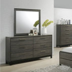 Set camera da letto 5 pezzi Queen Size, finitura in legno grigio antico, letto, cassettiera, specchio, comodino e cassettone