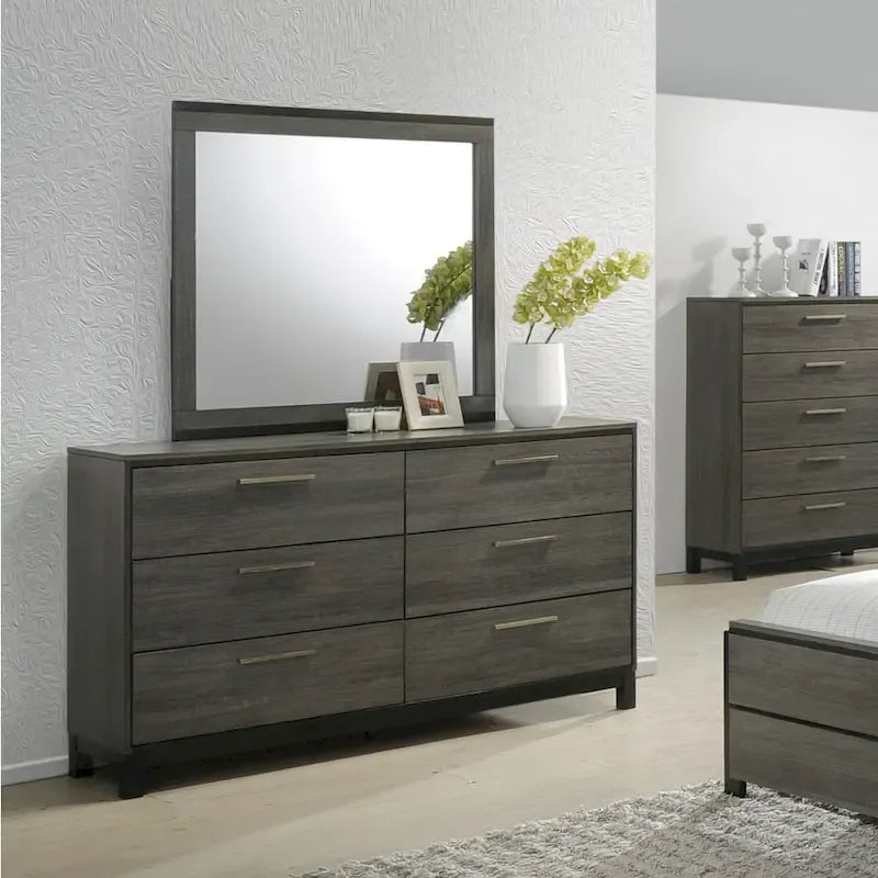 Set camera da letto 5 pezzi Queen Size, finitura in legno grigio antico, letto, cassettiera, specchio, comodino e cassettone