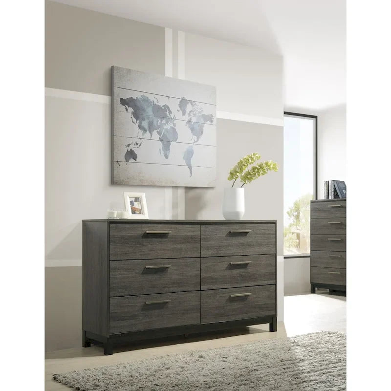 Set camera da letto 5 pezzi Queen Size, finitura in legno grigio antico, letto, cassettiera, specchio, comodino e cassettone
