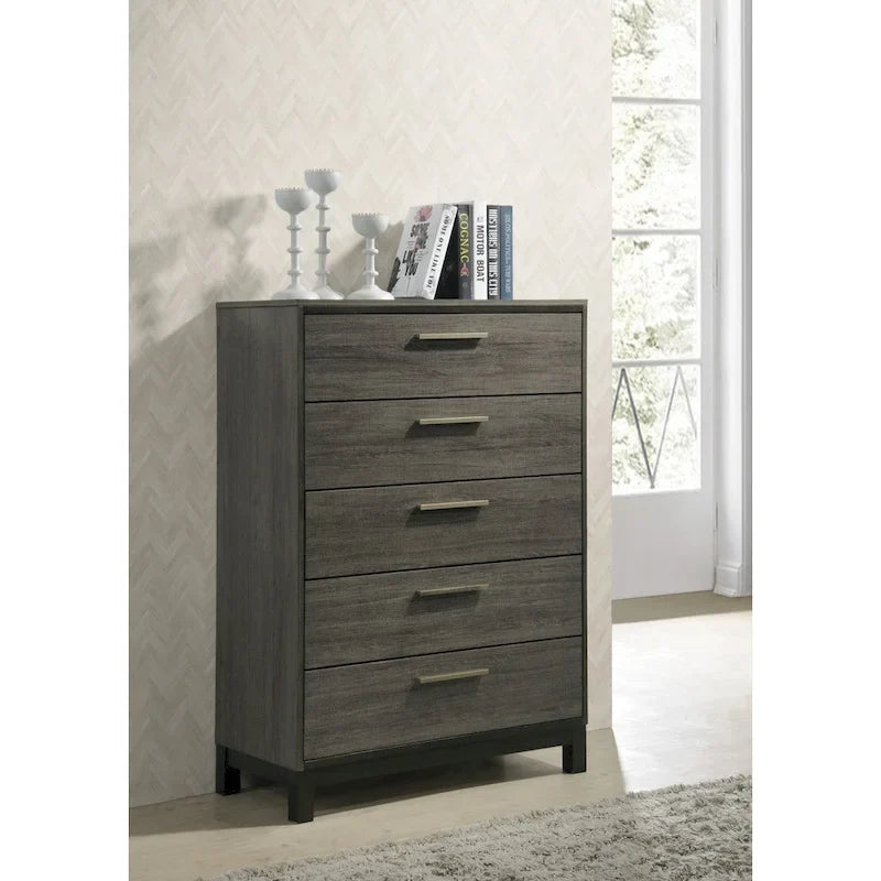 Set camera da letto 5 pezzi Queen Size, finitura in legno grigio antico, letto, cassettiera, specchio, comodino e cassettone