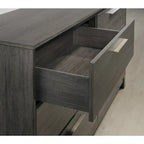 Set camera da letto 5 pezzi Queen Size, finitura in legno grigio antico, letto, cassettiera, specchio, comodino e cassettone