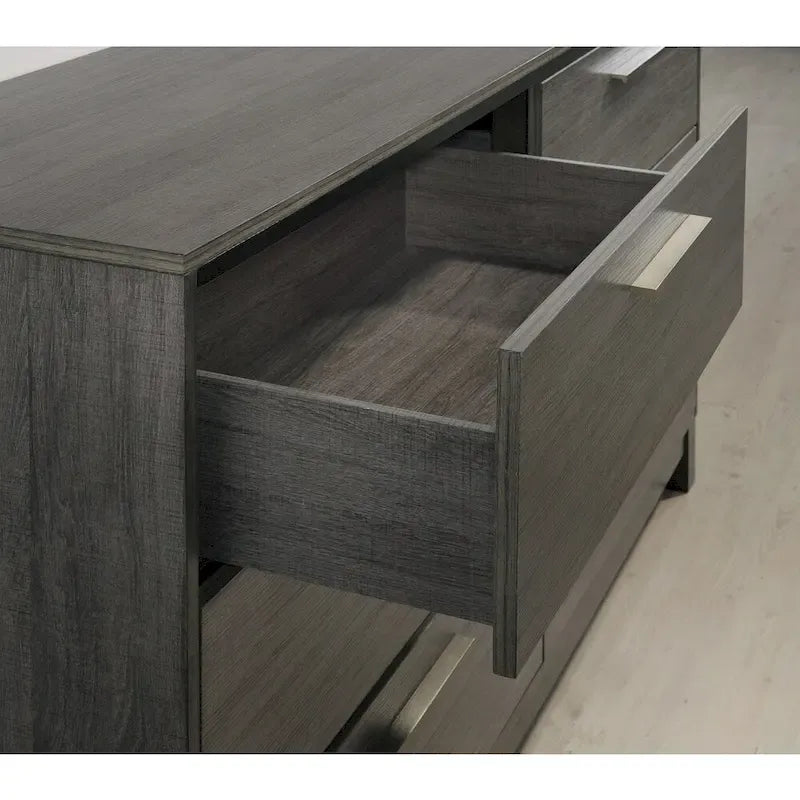 Set camera da letto 5 pezzi Queen Size, finitura in legno grigio antico, letto, cassettiera, specchio, comodino e cassettone