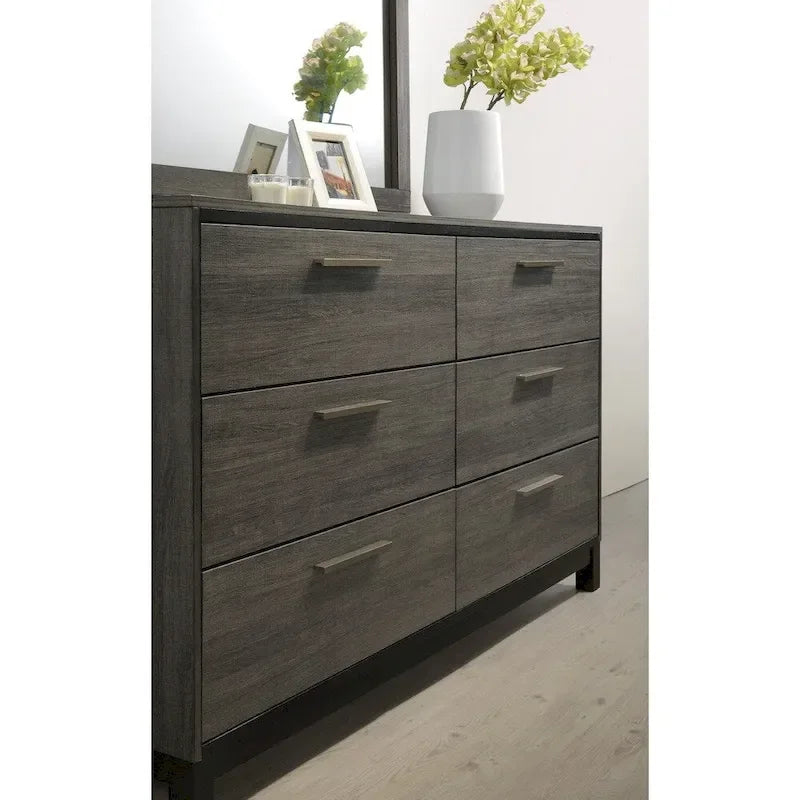 Set camera da letto 5 pezzi Queen Size, finitura in legno grigio antico, letto, cassettiera, specchio, comodino e cassettone