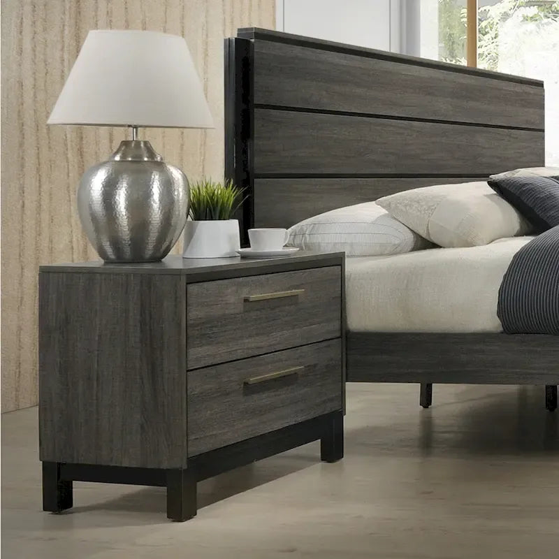 Set camera da letto 5 pezzi Queen Size, finitura in legno grigio antico, letto, cassettiera, specchio, comodino e cassettone