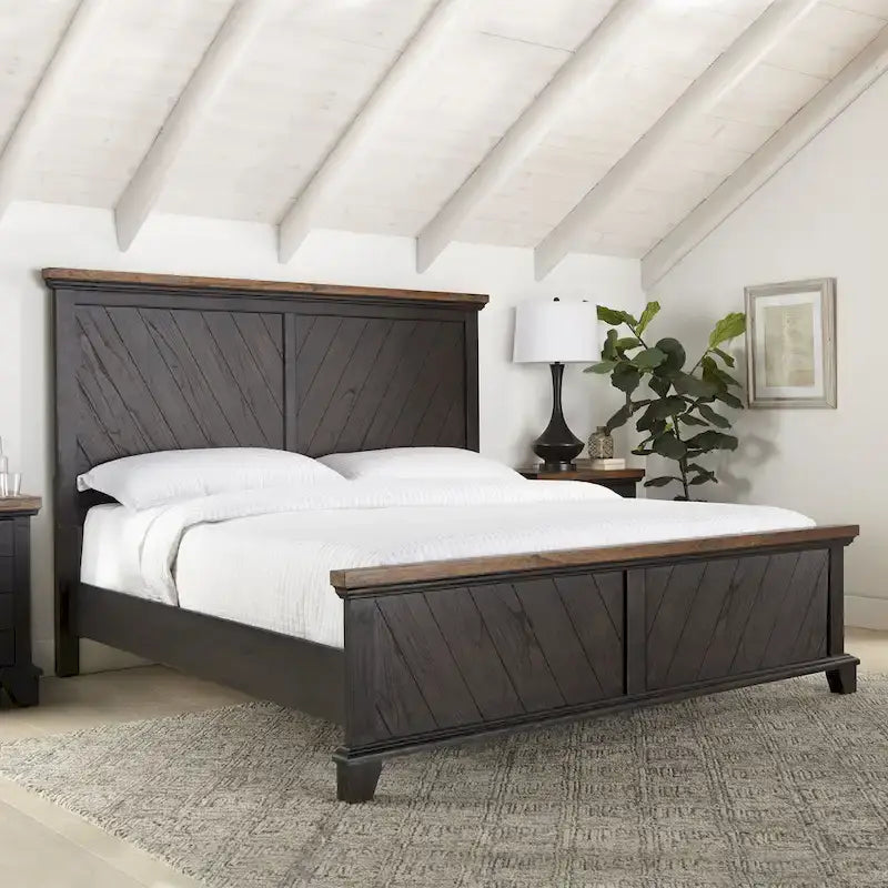 Letto a pannelli rustico, stile Overlook, struttura in legno massello, finitura marrone caldo, senza base a molle