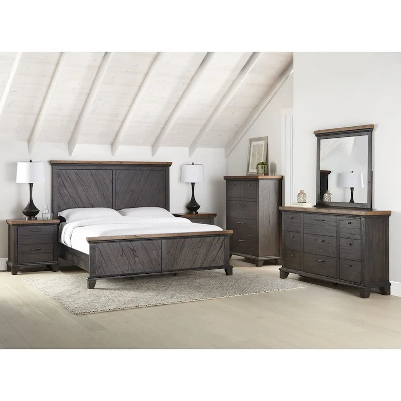 Letto a pannelli rustico, stile Overlook, struttura in legno massello, finitura marrone caldo, senza base a molle