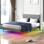 Struttura letto con piattaforma e luci LED RGB intelligenti, testiera capitonné, rivestimento in PVC, senza rete a molle