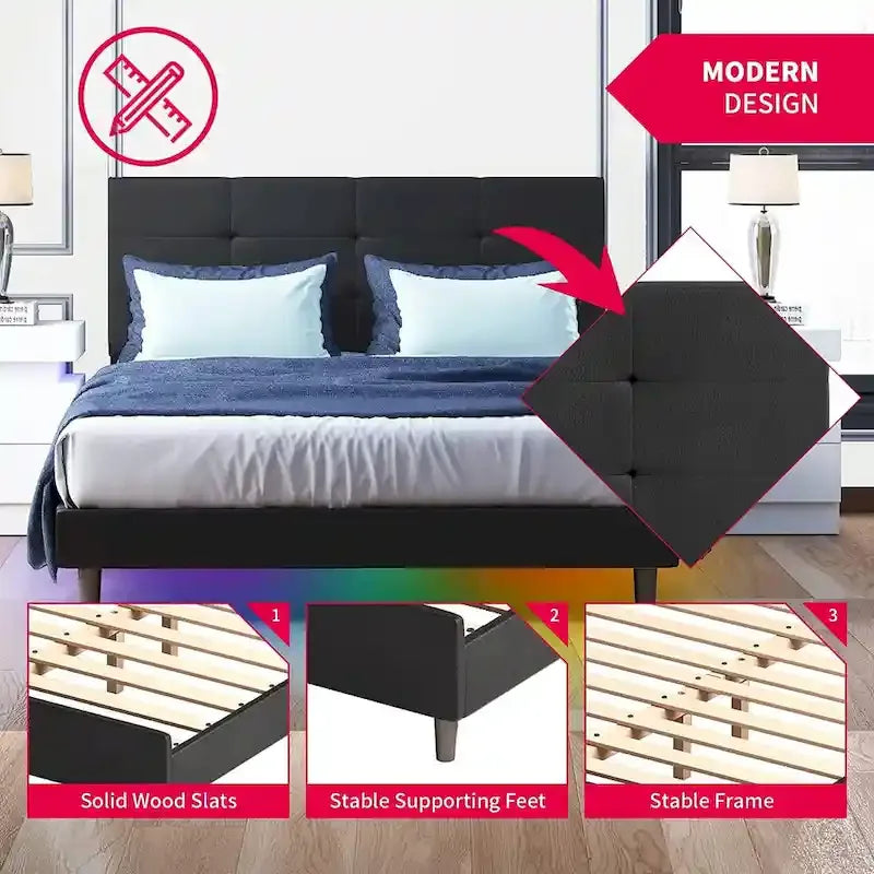 Struttura letto con piattaforma e luci LED RGB intelligenti, testiera capitonné, rivestimento in PVC, senza rete a molle
