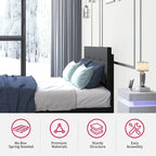 Struttura letto con piattaforma e luci LED RGB intelligenti, testiera capitonné, rivestimento in PVC, senza rete a molle