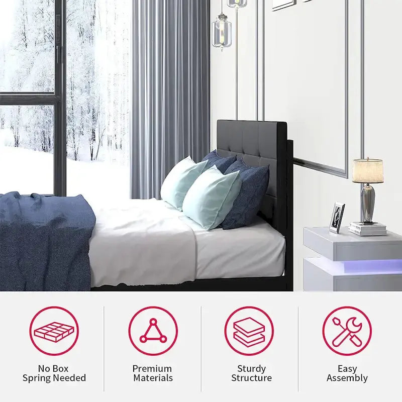 Struttura letto con piattaforma e luci LED RGB intelligenti, testiera capitonné, rivestimento in PVC, senza rete a molle