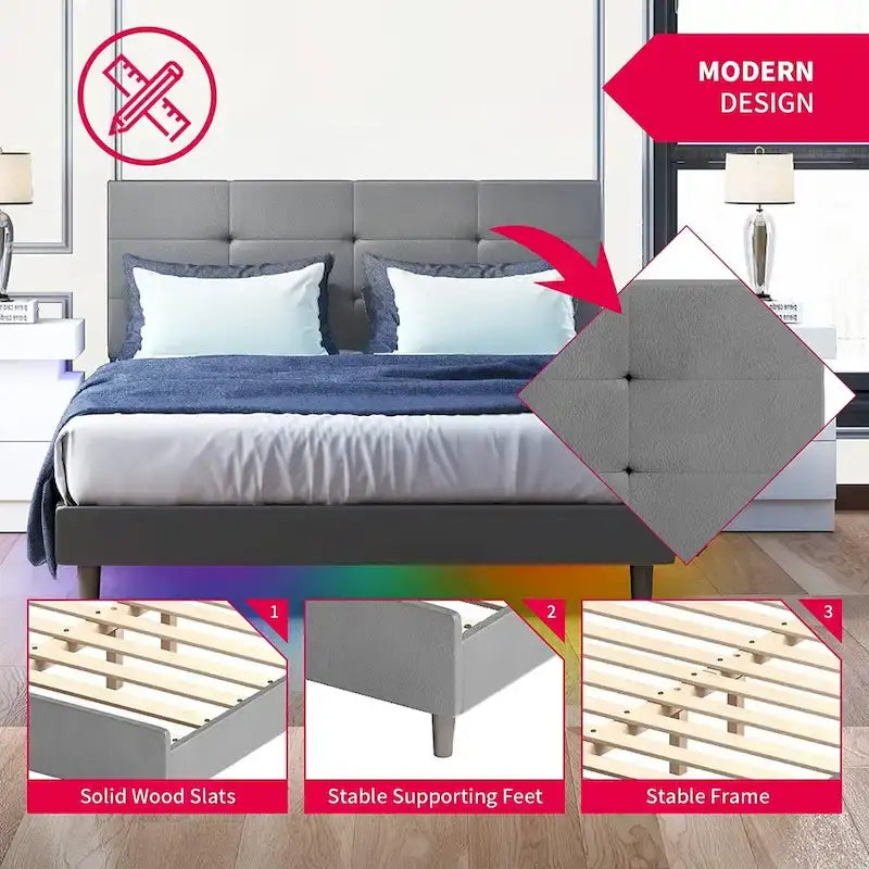 Struttura letto con piattaforma e luci LED RGB intelligenti, testiera capitonné, rivestimento in PVC, senza rete a molle
