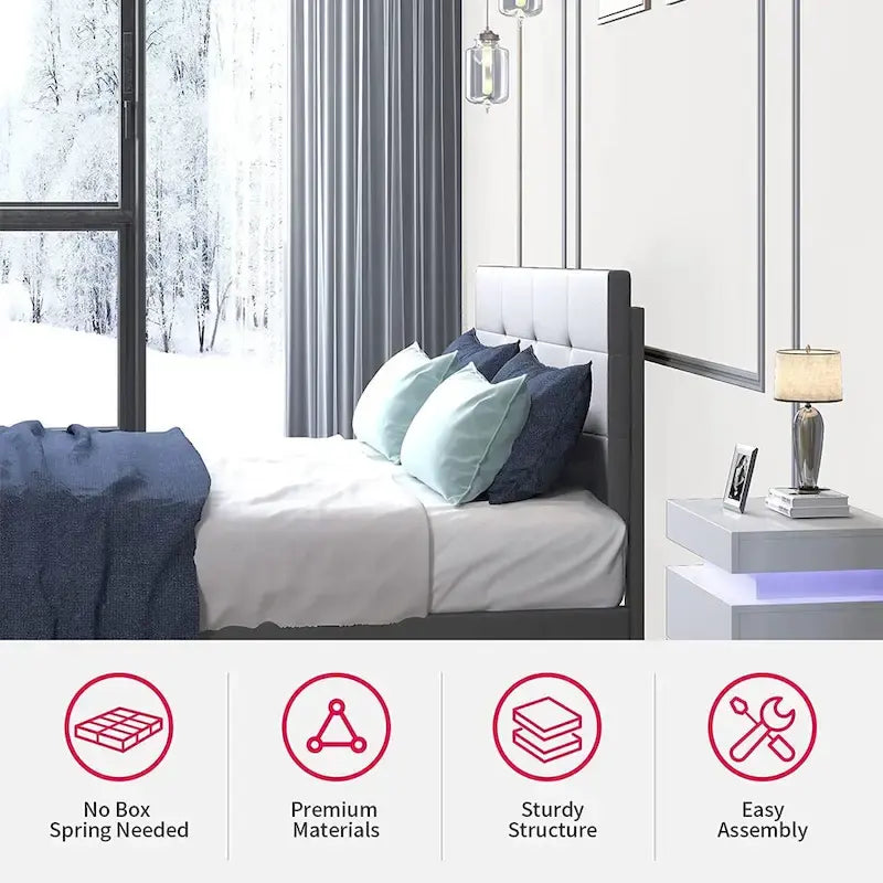 Struttura letto con piattaforma e luci LED RGB intelligenti, testiera capitonné, rivestimento in PVC, senza rete a molle