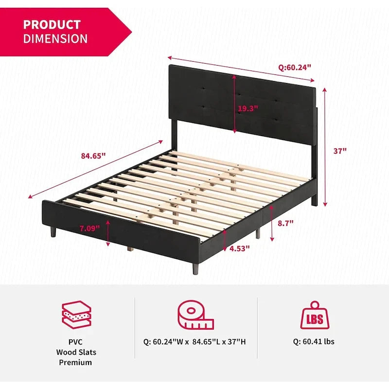 Struttura letto con piattaforma e luci LED RGB intelligenti, testiera capitonné, rivestimento in PVC, senza rete a molle