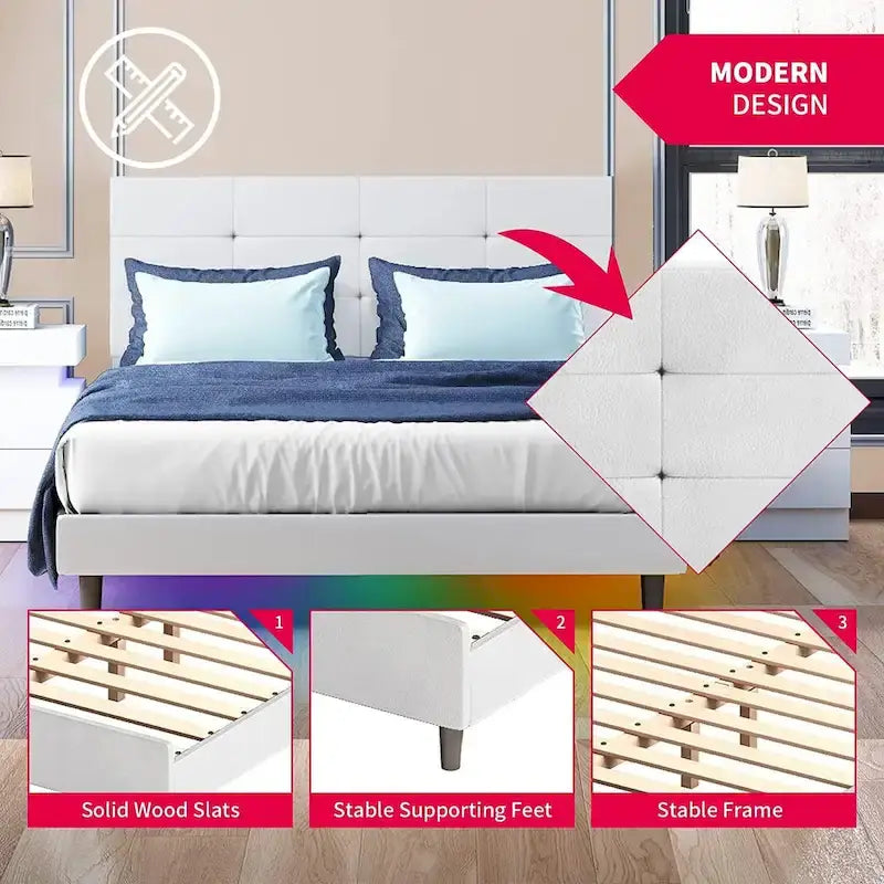 Struttura letto con piattaforma e luci LED RGB intelligenti, testiera capitonné, rivestimento in PVC, senza rete a molle