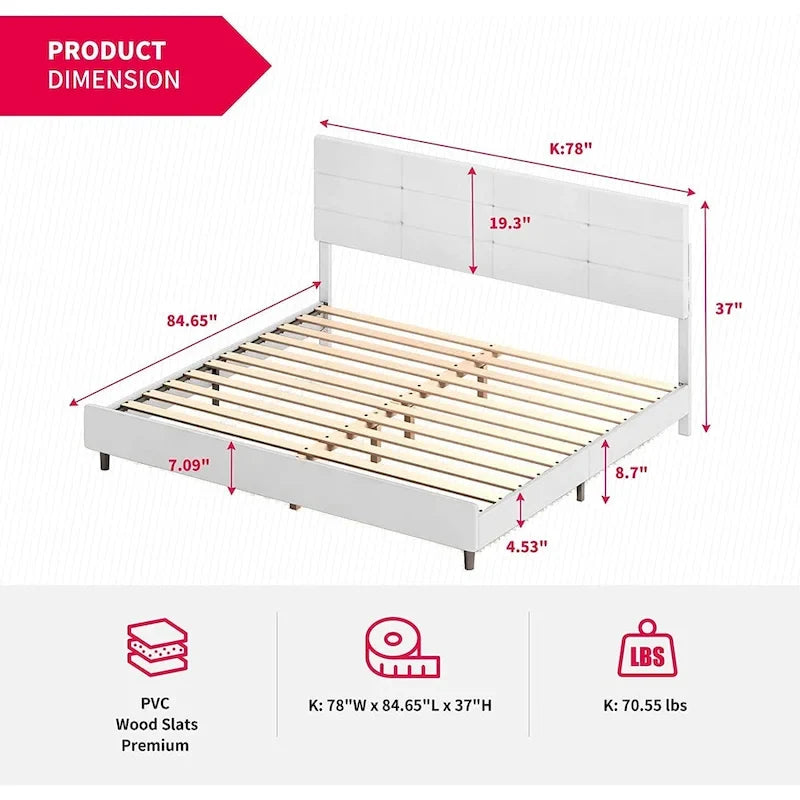 Struttura letto con piattaforma e luci LED RGB intelligenti, testiera capitonné, rivestimento in PVC, senza rete a molle