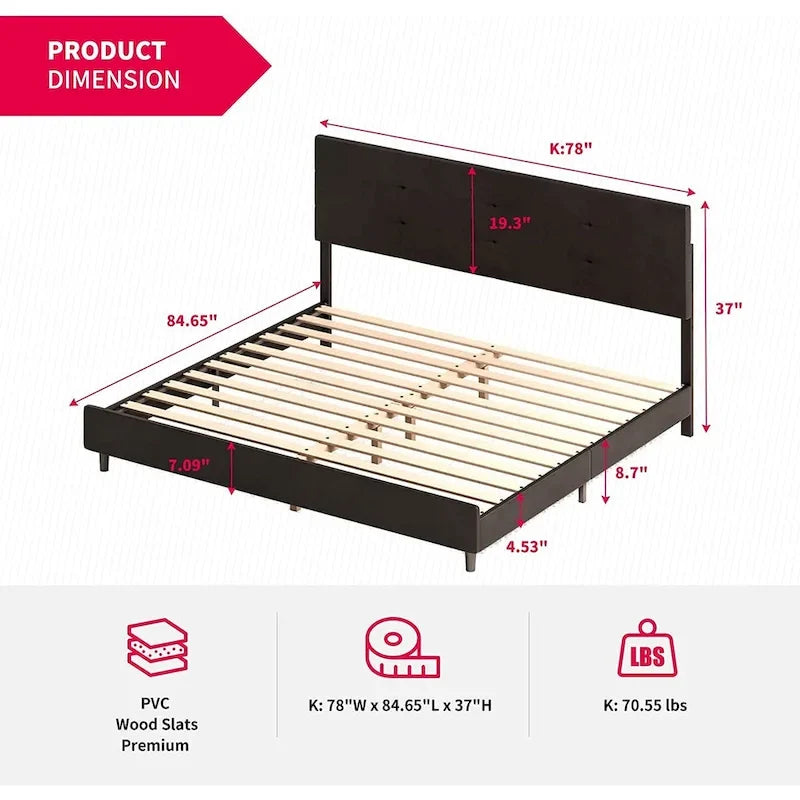 Struttura letto con piattaforma e luci LED RGB intelligenti, testiera capitonné, rivestimento in PVC, senza rete a molle