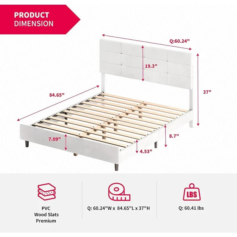 Struttura letto con piattaforma e luci LED RGB intelligenti, testiera capitonné, rivestimento in PVC, senza rete a molle