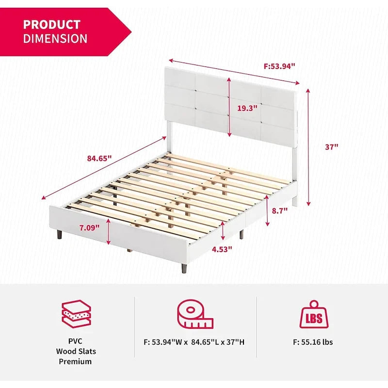 Struttura letto con piattaforma e luci LED RGB intelligenti, testiera capitonné, rivestimento in PVC, senza rete a molle