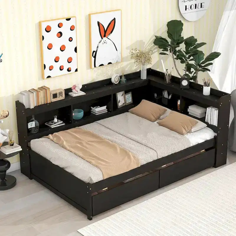 Letto matrimoniale con librerie a L, cassetti, espresso