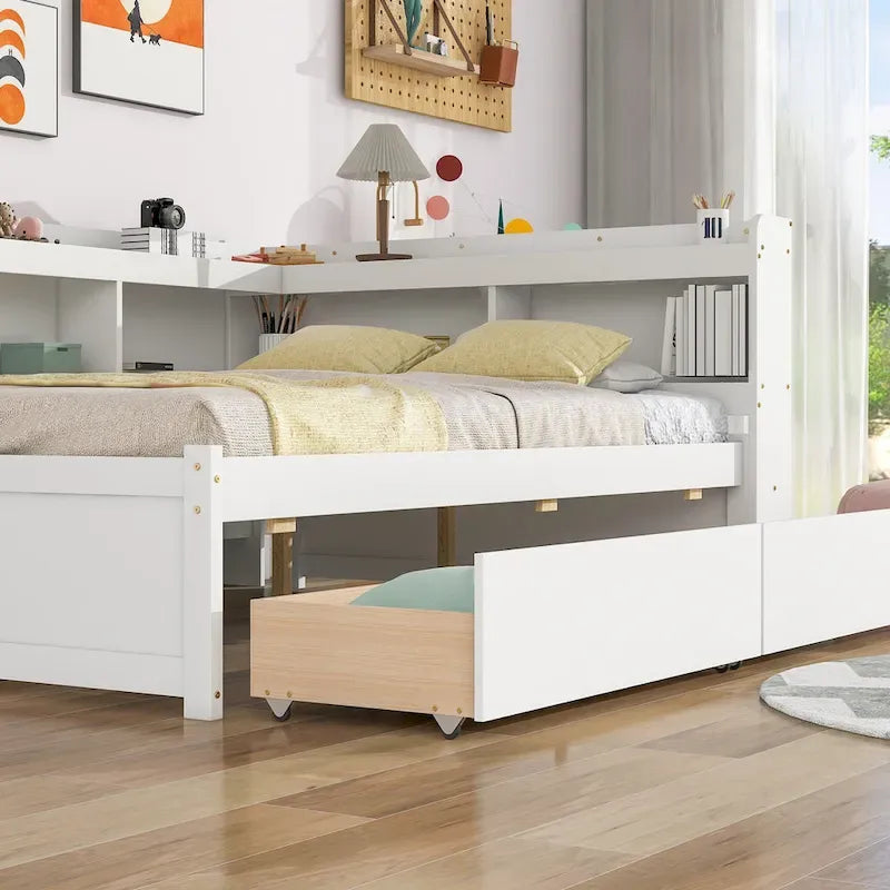Letto matrimoniale con librerie a L, cassetti, espresso