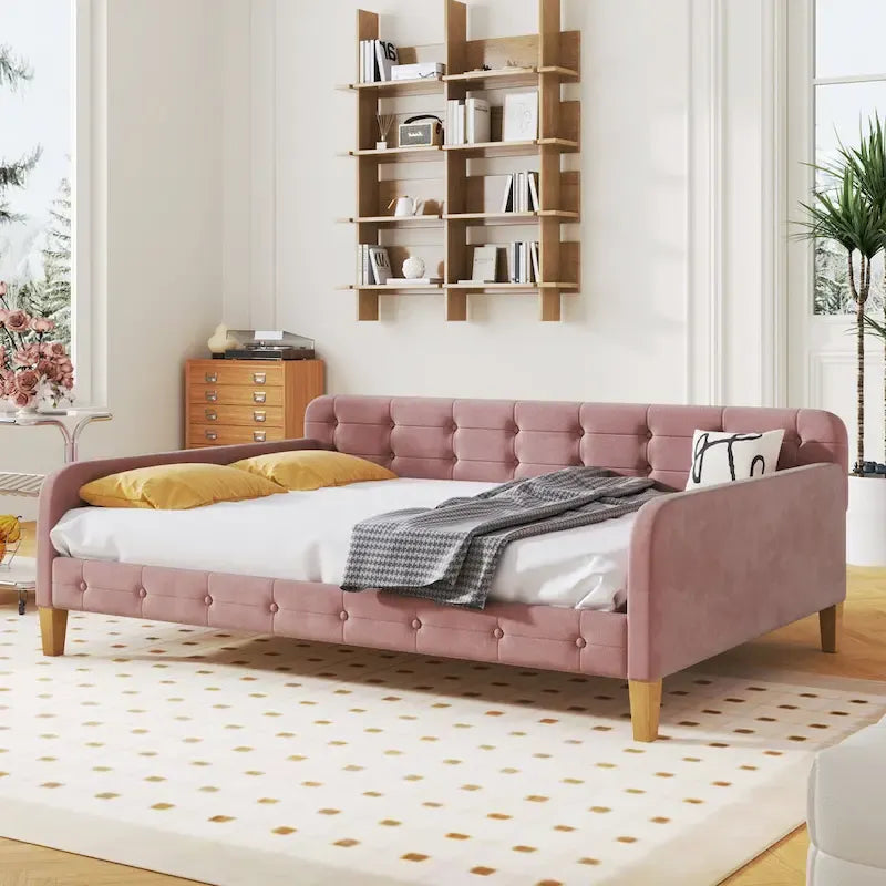 Divano Letto Imbottito Matrimoniale con 4 Gambe di Supporto, Rosa
