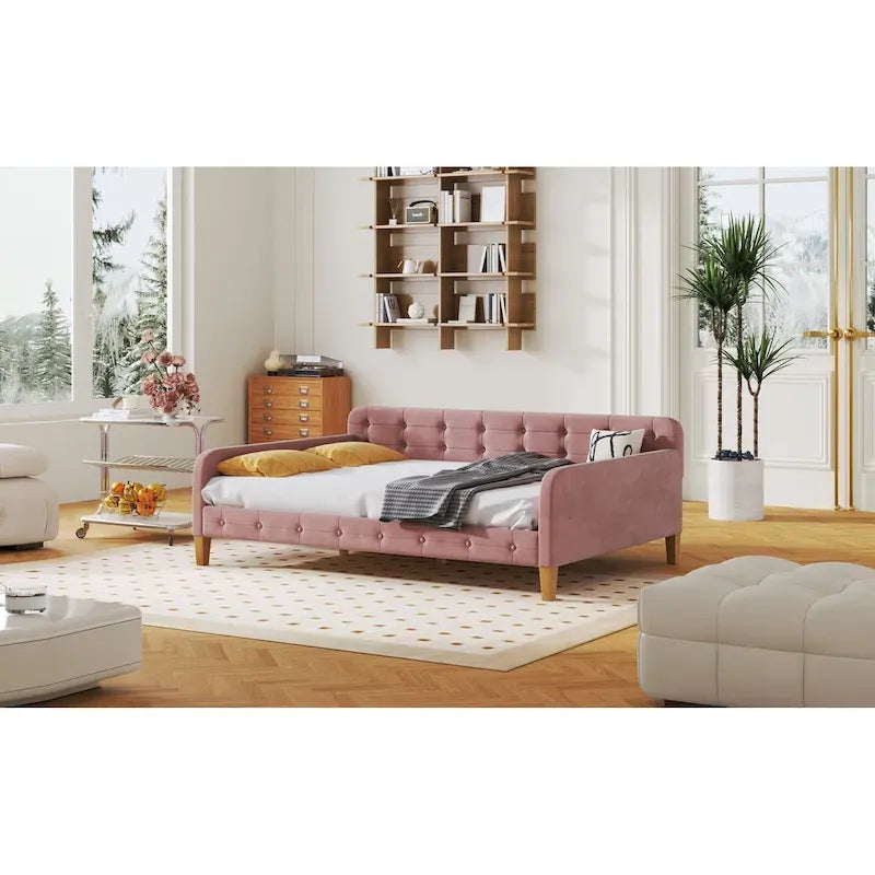 Divano Letto Imbottito Matrimoniale con 4 Gambe di Supporto, Rosa