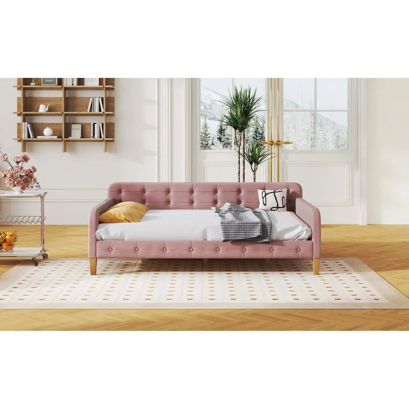 Divano Letto Imbottito Matrimoniale con 4 Gambe di Supporto, Rosa