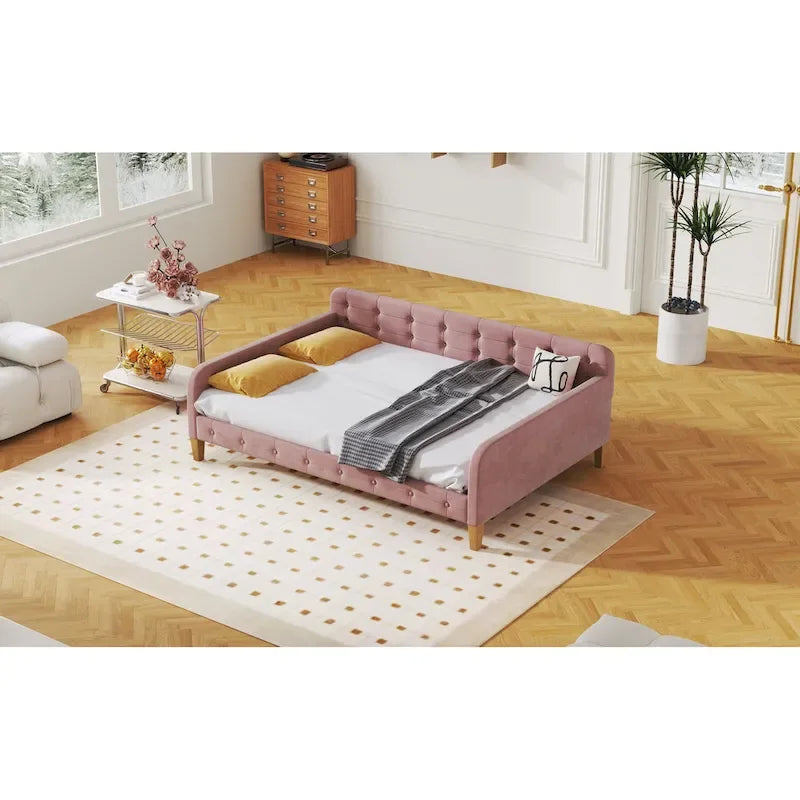 Divano Letto Imbottito Matrimoniale con 4 Gambe di Supporto, Rosa