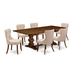 Set da tavolo da pranzo rettangolare, sedie in lino chiaro color tortora, legno massello, diverse opzioni di pezzi