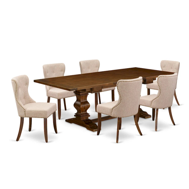 Set da tavolo da pranzo rettangolare, sedie in lino chiaro color tortora, legno massello, diverse opzioni di pezzi