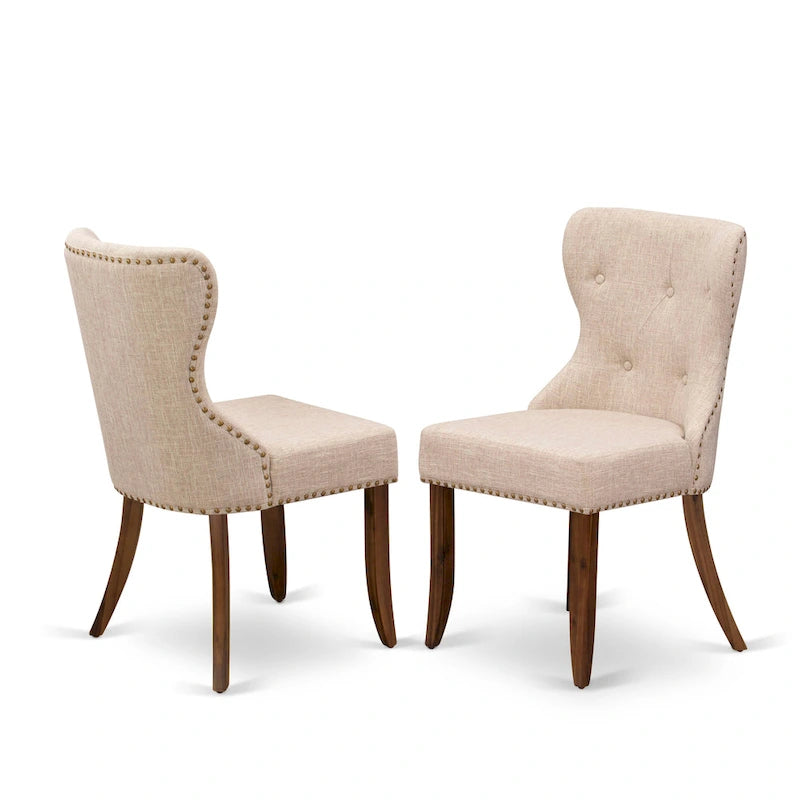 Set da tavolo da pranzo rettangolare, sedie in lino chiaro color tortora, legno massello, diverse opzioni di pezzi