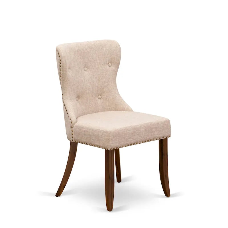 Set da tavolo da pranzo rettangolare, sedie in lino chiaro color tortora, legno massello, diverse opzioni di pezzi