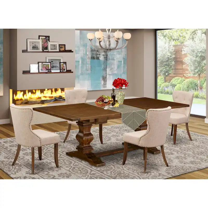 Set da tavolo da pranzo rettangolare, sedie in lino chiaro color tortora, legno massello, diverse opzioni di pezzi