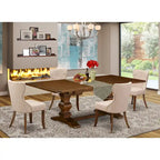 Set da tavolo da pranzo rettangolare, sedie in lino chiaro color tortora, legno massello, diverse opzioni di pezzi