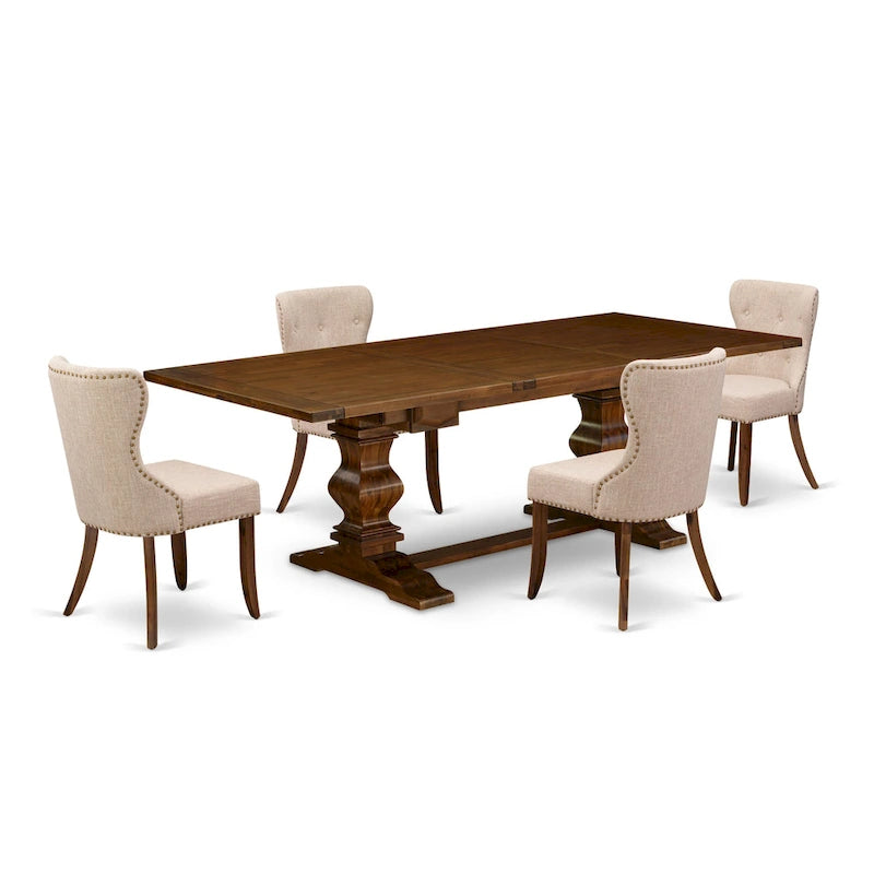Set da tavolo da pranzo rettangolare, sedie in lino chiaro color tortora, legno massello, diverse opzioni di pezzi