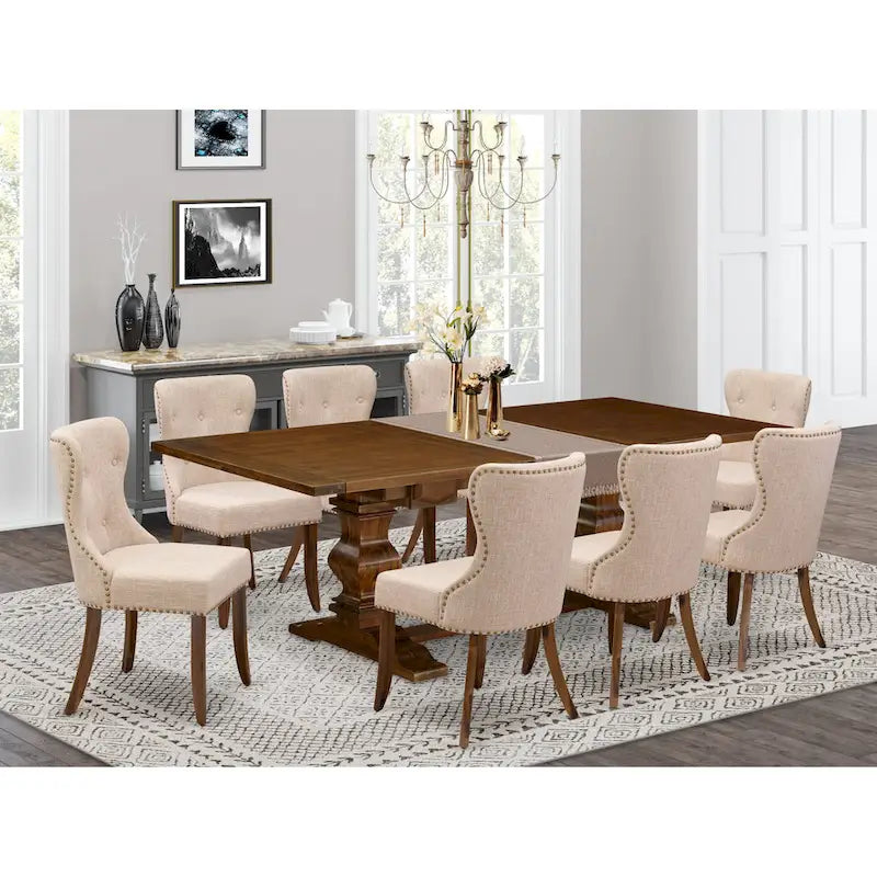 Set da tavolo da pranzo rettangolare, sedie in lino chiaro color tortora, legno massello, diverse opzioni di pezzi