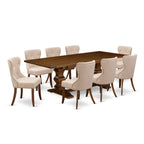Set da tavolo da pranzo rettangolare, sedie in lino chiaro color tortora, legno massello, diverse opzioni di pezzi