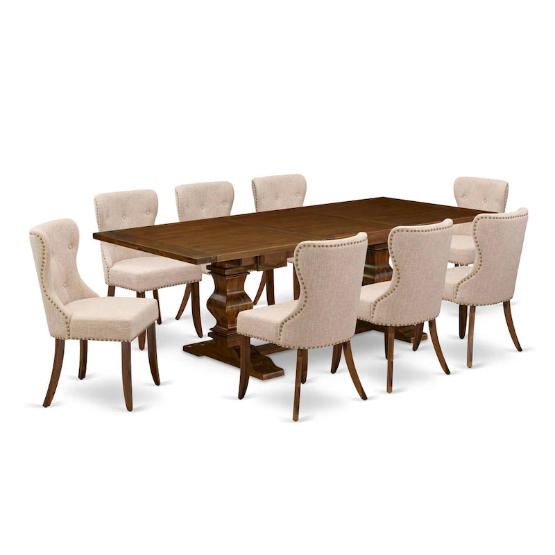 Set da tavolo da pranzo rettangolare, sedie in lino chiaro color tortora, legno massello, diverse opzioni di pezzi