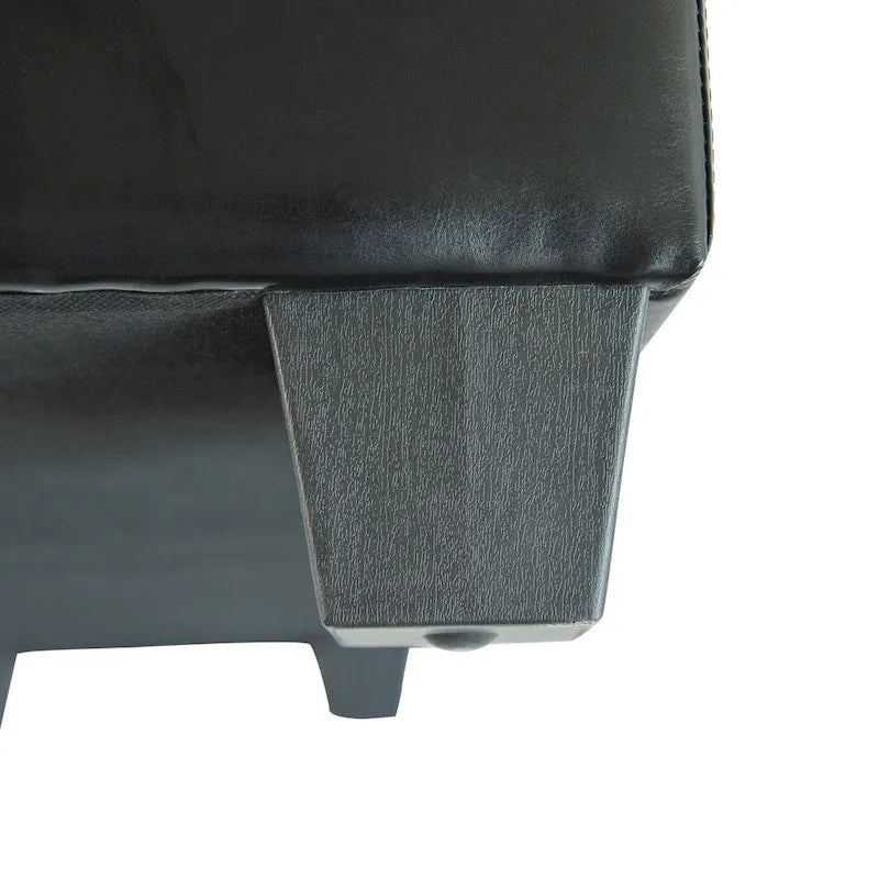 Panca contenitore in similpelle nera da 128 cm, con coperchio trapuntato e imbottito, struttura in legno, design track-style
