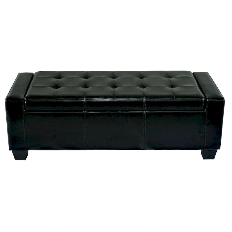 Panca contenitore in similpelle nera da 128 cm, con coperchio trapuntato e imbottito, struttura in legno, design track-style