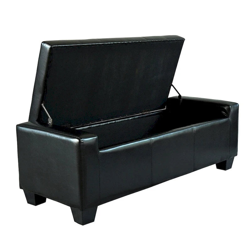 Panca contenitore in similpelle nera da 128 cm, con coperchio trapuntato e imbottito, struttura in legno, design track-style
