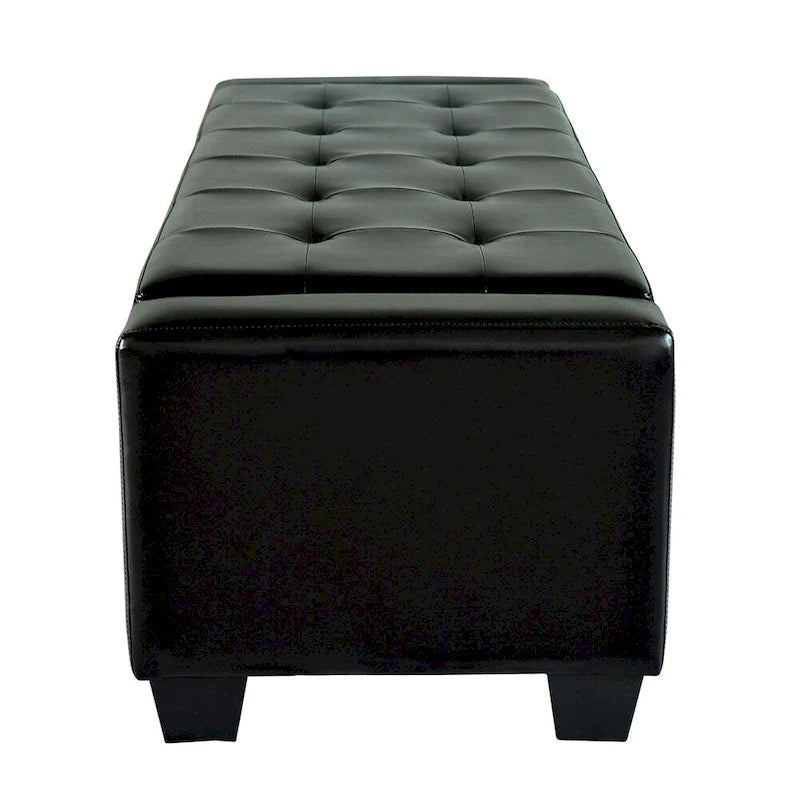 Panca contenitore in similpelle nera da 128 cm, con coperchio trapuntato e imbottito, struttura in legno, design track-style