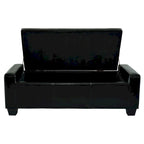 Panca contenitore in similpelle nera da 128 cm, con coperchio trapuntato e imbottito, struttura in legno, design track-style