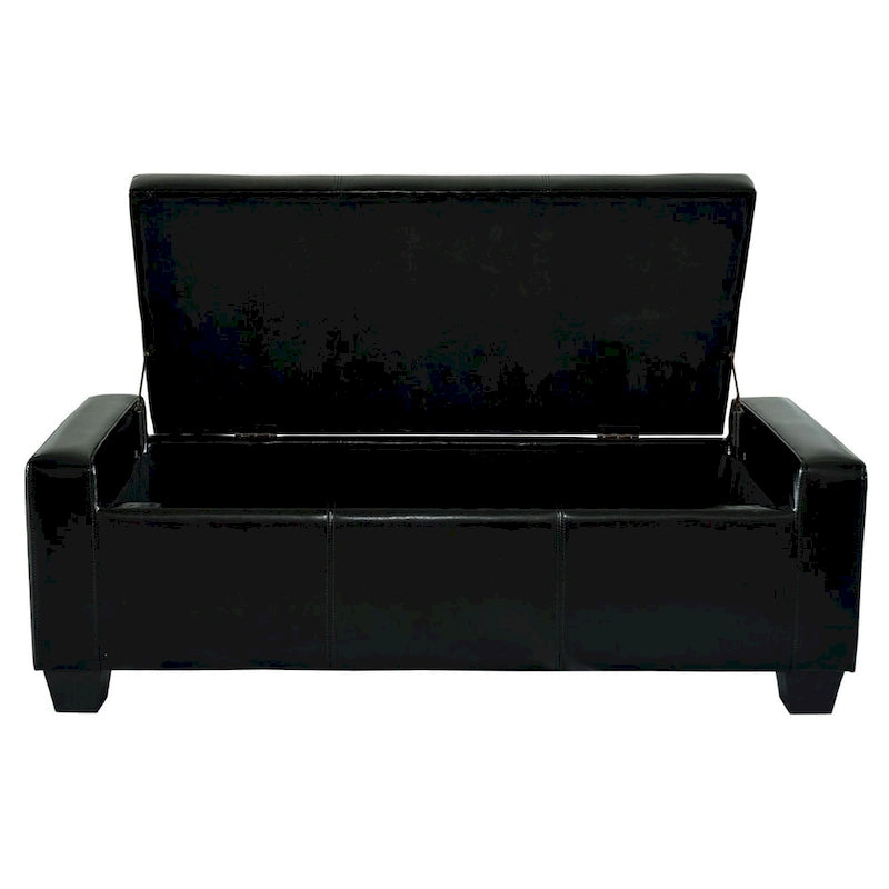 Panca contenitore in similpelle nera da 128 cm, con coperchio trapuntato e imbottito, struttura in legno, design track-style